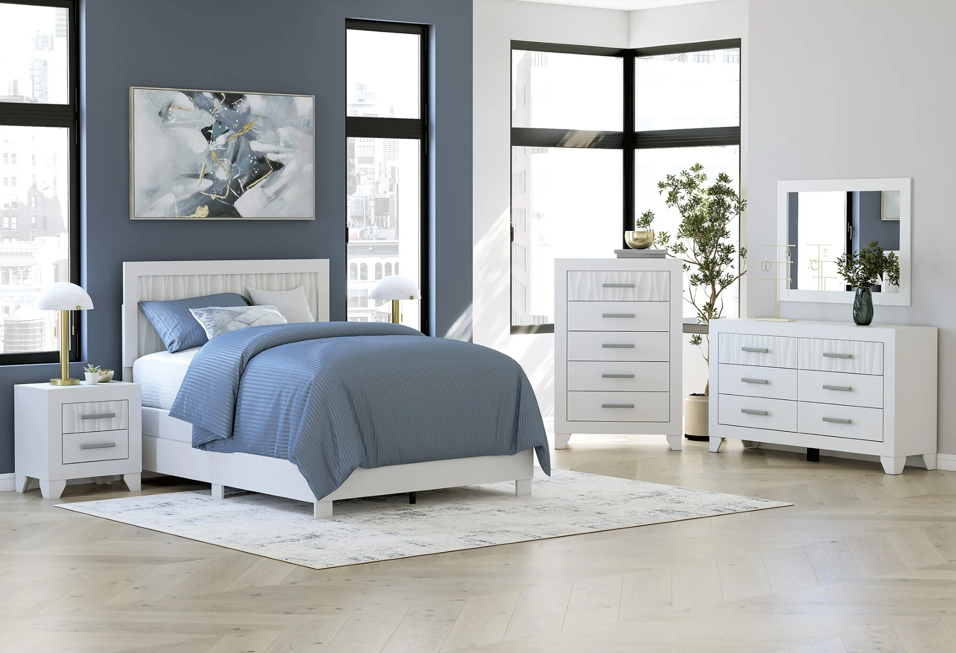 Druchella Queen Bed with Dresser Mirror Chest and Nightstand